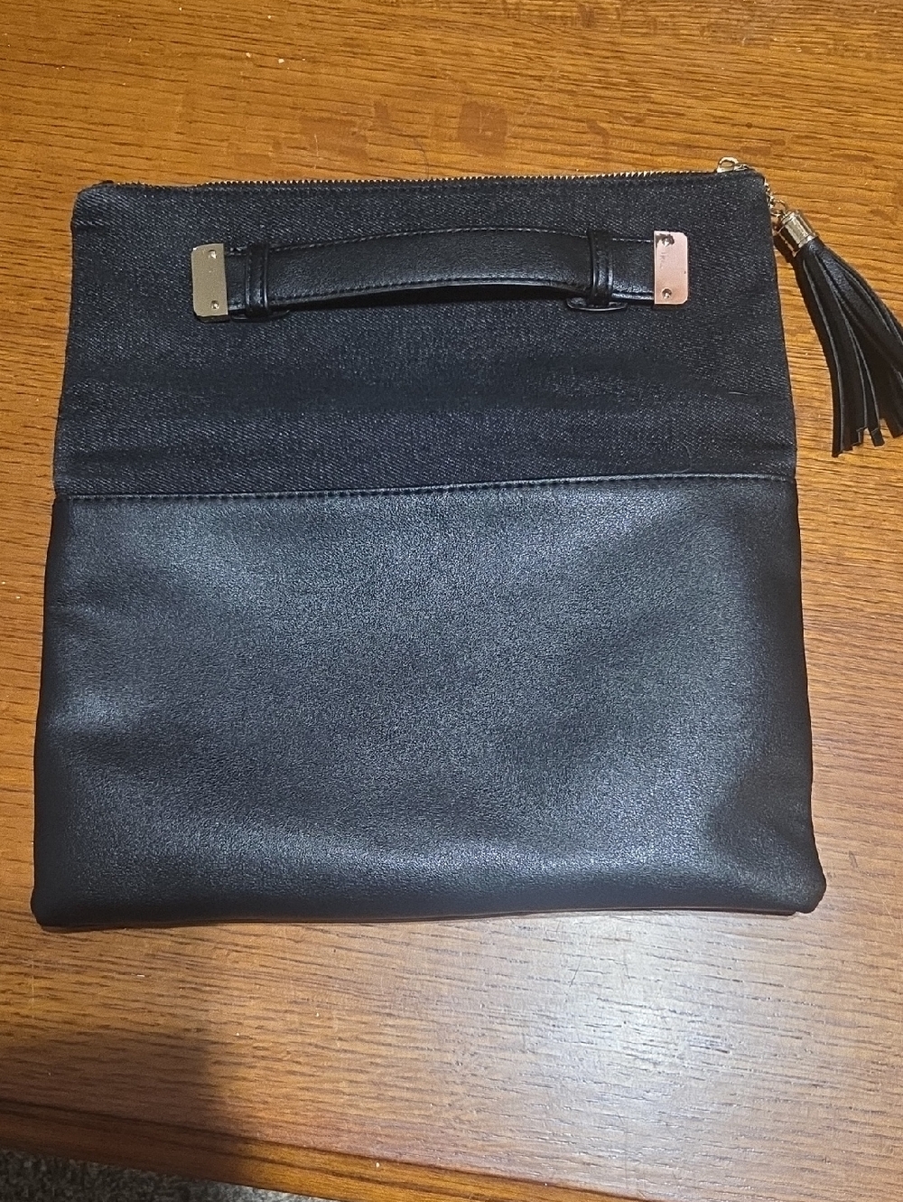 Urban Expressions Black Leather & Fabric Zip Clutch with Tassel